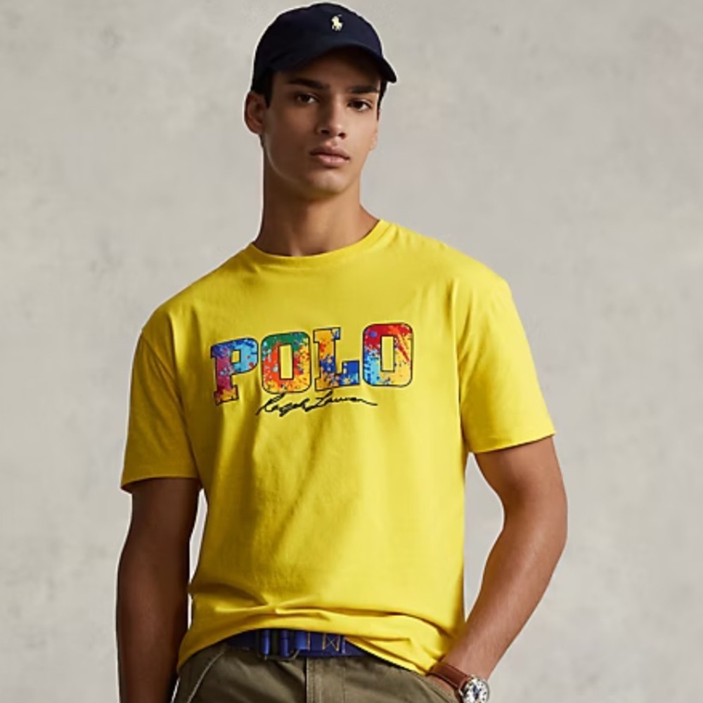 Polo Ralph Lauren Yellow Logo Jersey multicolor paint-splatter Tee- NWT - medium